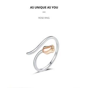 New - 925 Sterling Silver Dainty Rose Cuff Ring - Adjustable